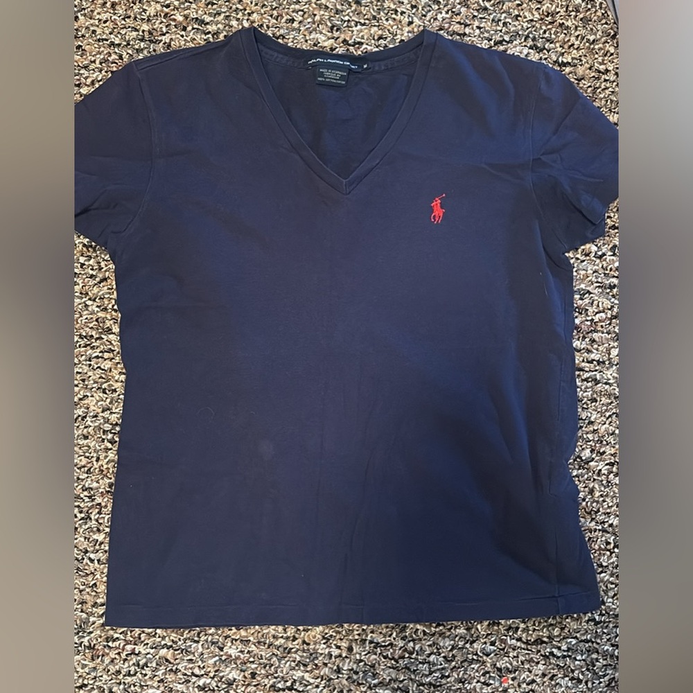 Ralph Lauren Navy V-Neck Tee with Red Pony Logo